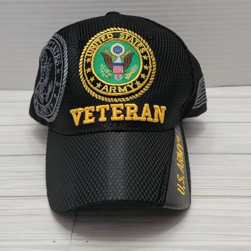 U.S. Army Veteran Ball Cap Black Yellow Logo Flag Embroidered